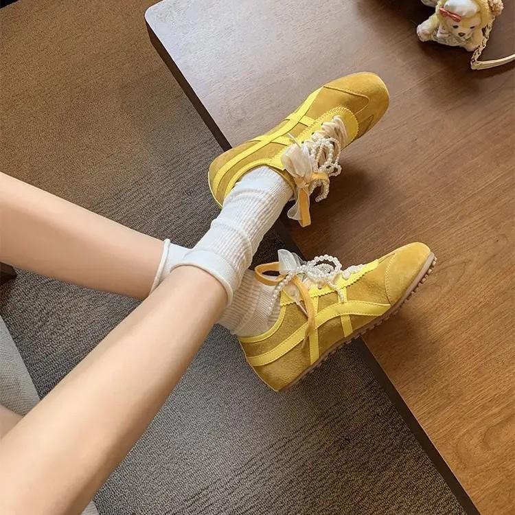 [Armano] Lace Pearl Lace-up Dopamine Agund Training Shoes Women's Ballet Soft-soled Sports and Leisure Shoes