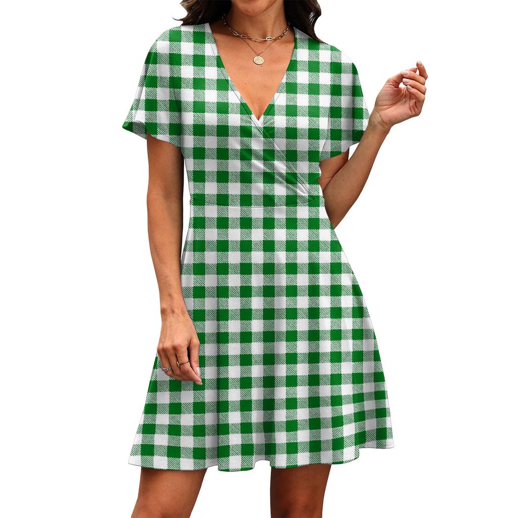 Women’s Short Sleeve V Neck Plaid Print Casual Wrap Dress Lightweight Comfortable Fit Summer Dress