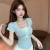 Sweet Spice Girl Fake Two Pieces Lace Neck Short Sleeve T-Shirt Women's Summer Pure Desire Square Neck Short Top Chic and Beautiful