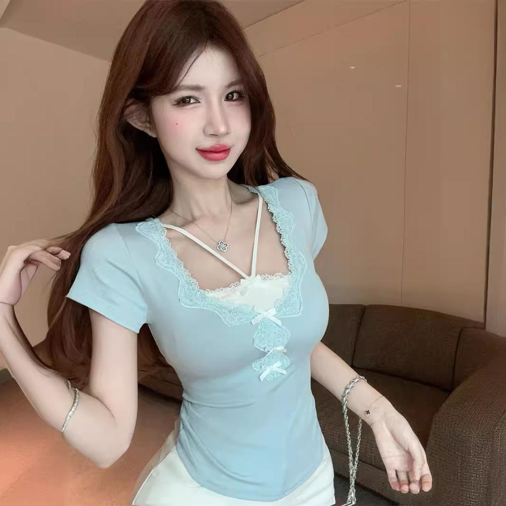 Sweet Spice Girl Fake Two Pieces Lace Neck Short Sleeve T-Shirt Women's Summer Pure Desire Square Neck Short Top Chic and Beautiful