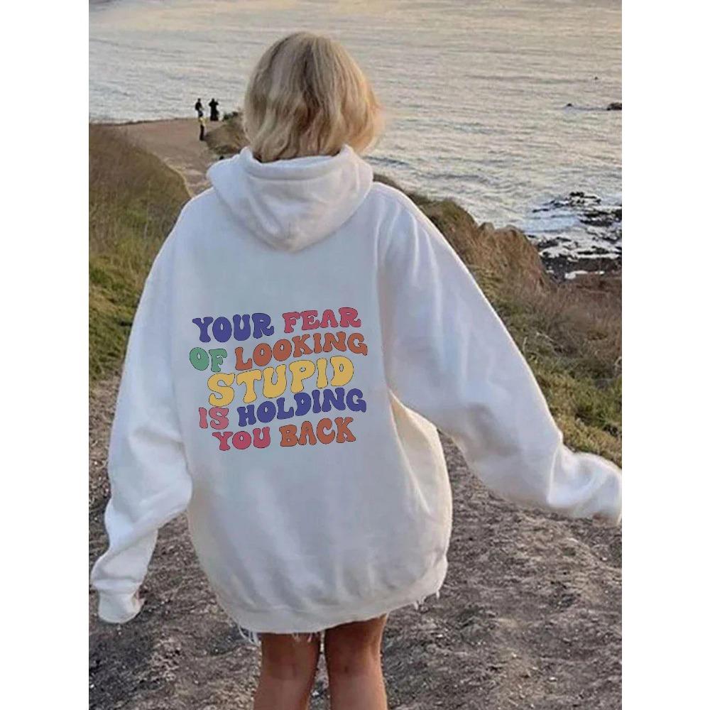 Women'S Shoulder Sleeve Fleece Sweater Plain Letter Print Kangaroo Pocket Drawstring Print Hoodie Clothing