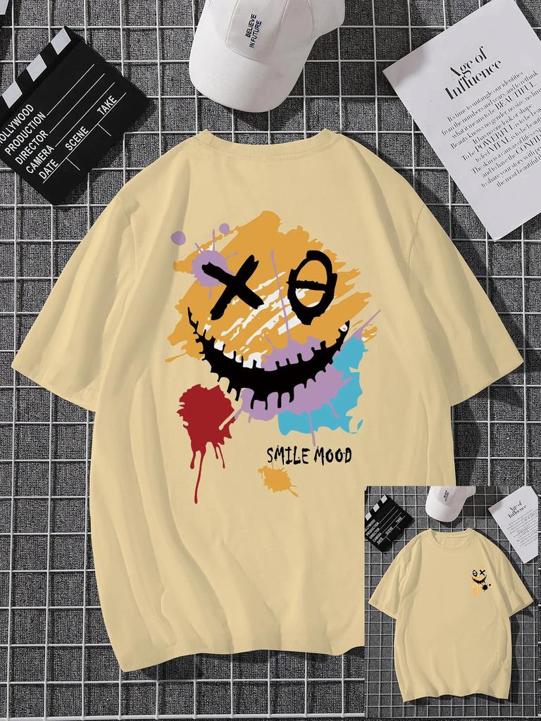 'Smile Mood' Print, Men's Casual Crew Neck Short-Sleeve  Fashion Summer T-Shirts Tops, Men's Outfits Tee,Regular Oversize Tees