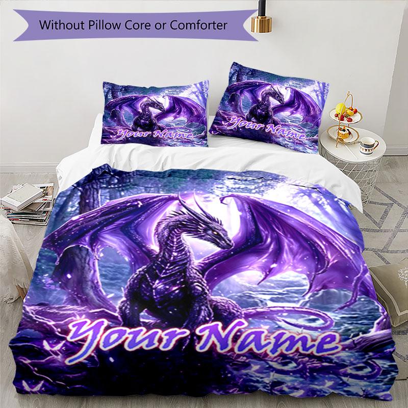 3PC Custom Name Purple Dragon Fantasy Bedding Set Duvet Cover Closure Includes 1 Duvet Cover & 2 Pillowcases for Bedroom