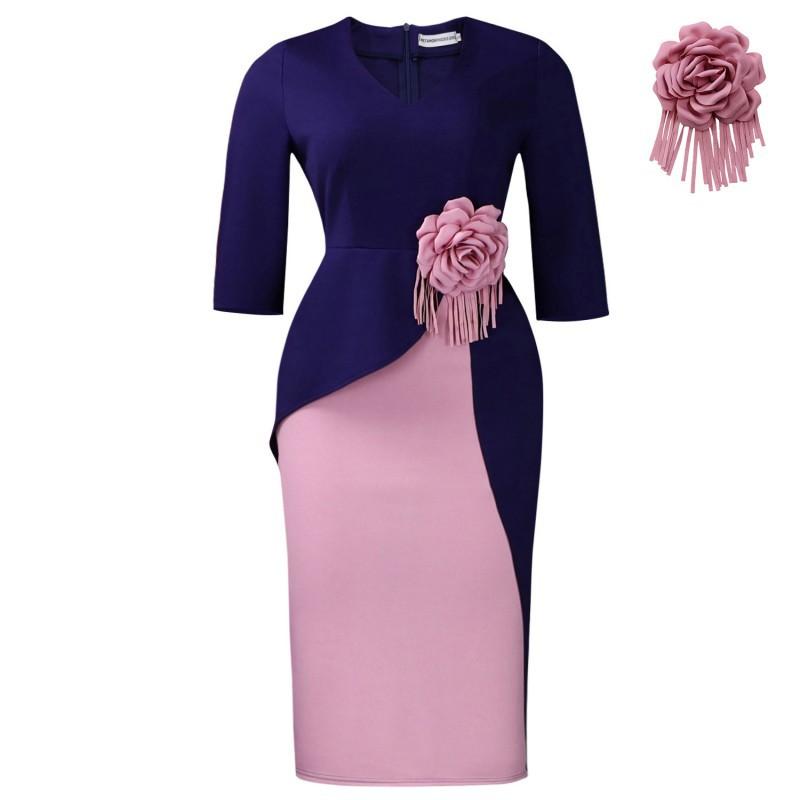 

New Style Pure Color Flower Temperament Crimped Five-quarter Sleeve Large Size African Dress L
