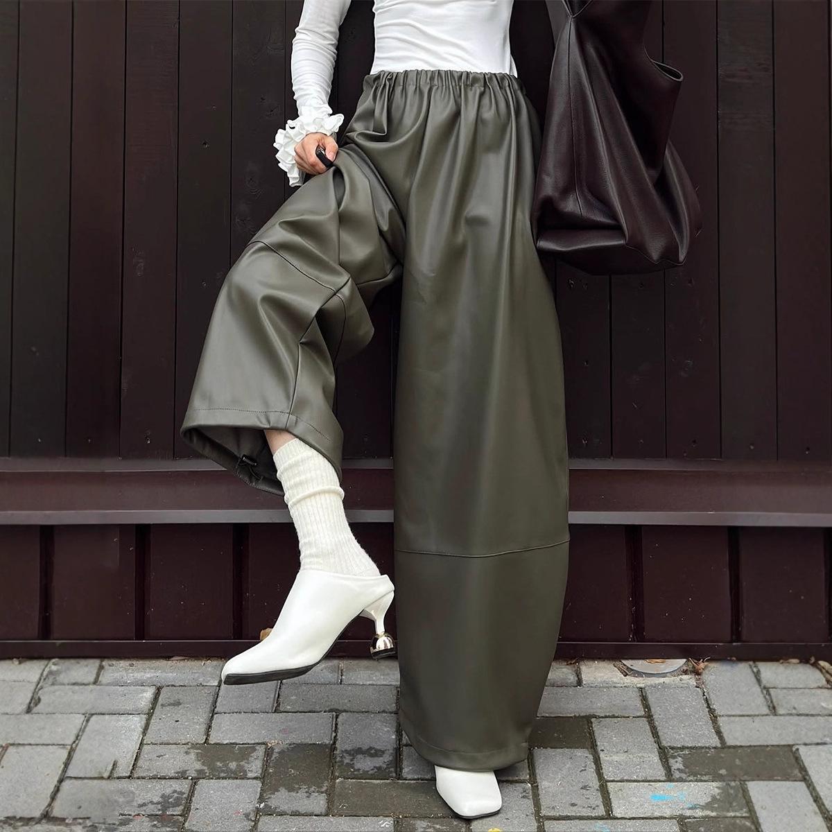 

PU Lantern Pants Drawstring Military Green Wide Leg Pants Leather Pants L зелёный