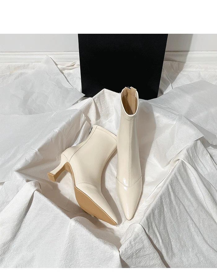High Heel Pointed Short Boots Slim Heel Elastic Boots Women's Soft Leather Zipper Skinny Boots