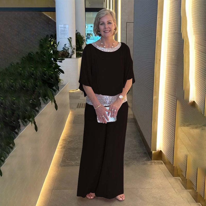 

2024 Европейский и американский топ с рукавами «летучая мышь» и широкие брюки с пайетками и цветными блоками для женщин Triple Extra Large чёрный