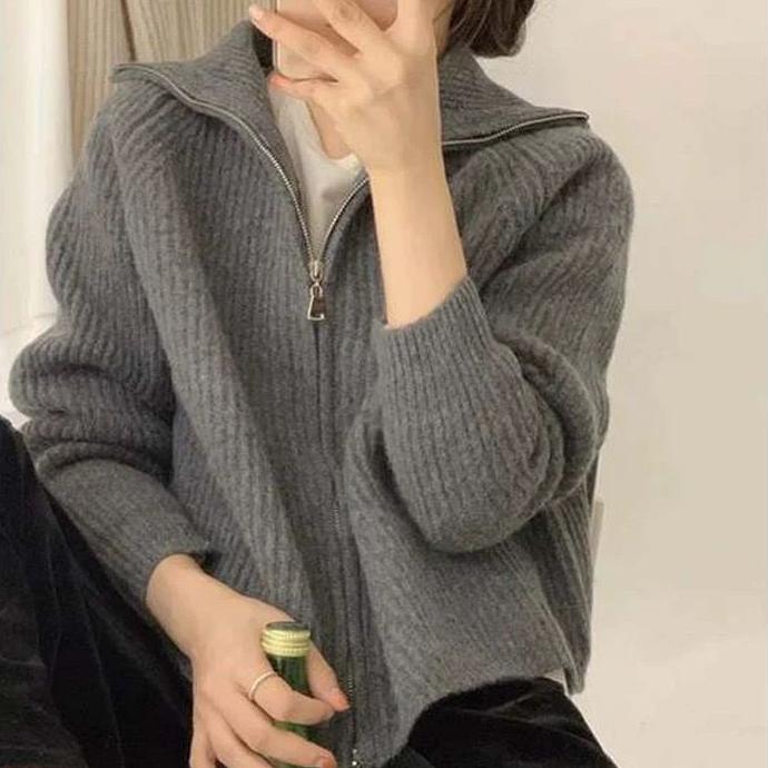 Casual Knitted Cardigan Sweaters Women Autumn Winter Vintage Zip-up Solid Loose Long Sleeve Tops Knitwear Chic Kpop