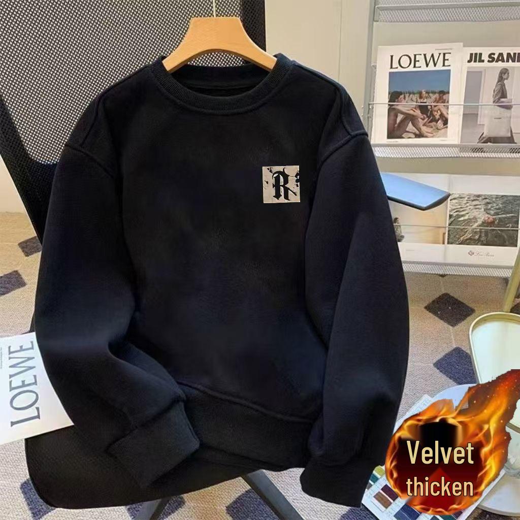 Men's Fleece-Lined Long Sleeve Round Neck Hoodie - Autumn 2025 American Style Heavyweight Pullover