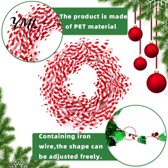 Flexible Wire Greenery 24.6FT Christmas Garland, Red Green Leaves/Striped Candy/Snowflake Shiny Tinsel Lightweight Bendable Garland Garlands for Xmas