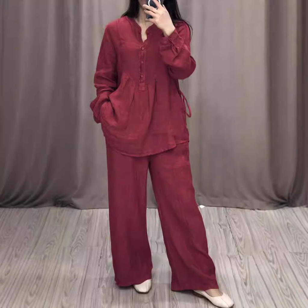 Women's Loose Fit Brown Casual Long Sleeve Button-Up Top and Wide Leg Pants Set