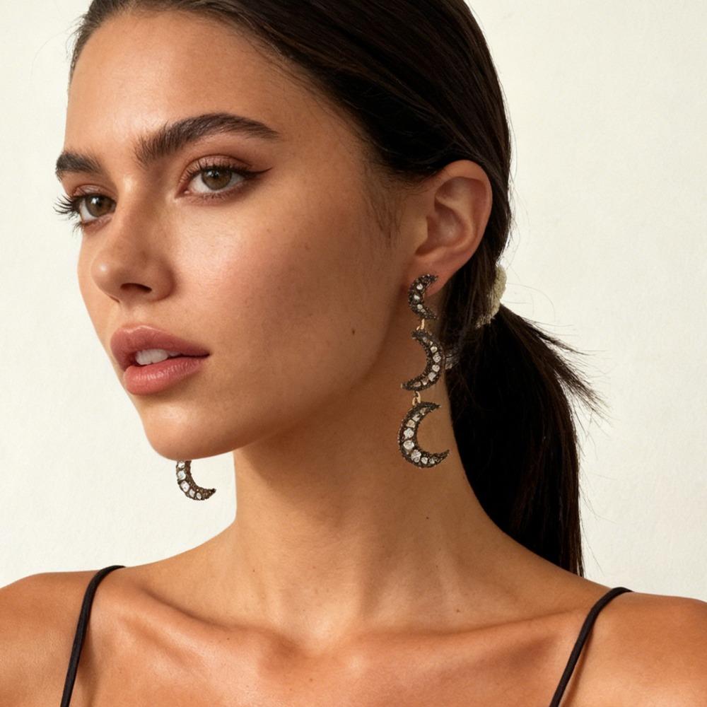 New Exaggerated Personality Shiny Inlay Zircon Hollow Out Moon Splicing Long Dangle Earrings for Women Retro Temperament Jewelry