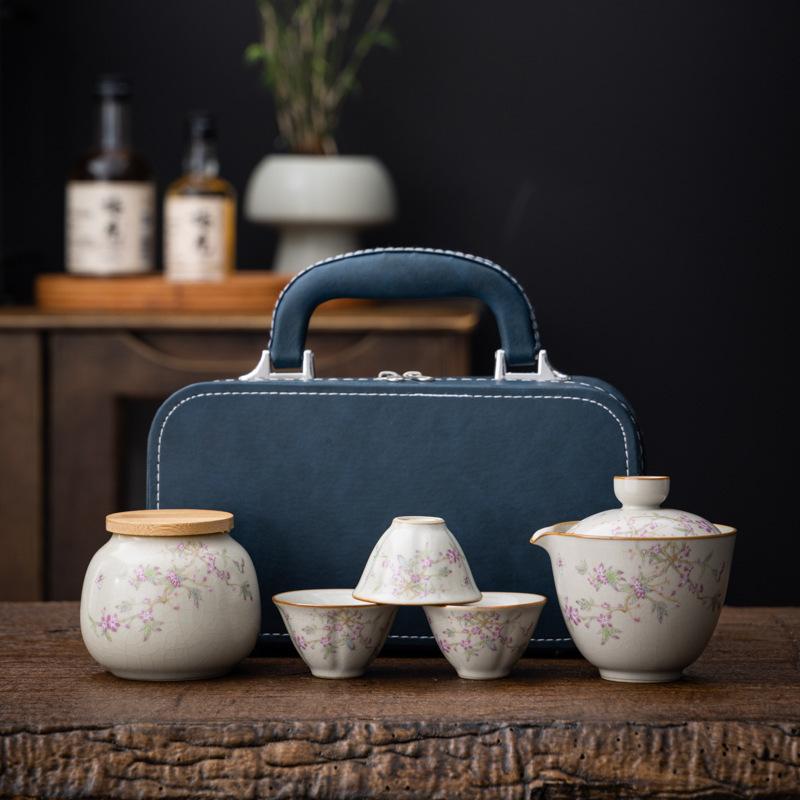 Ru Kiln Travel Set One Pot Three Cups Portable Quick Outdoor Tea Drinking Single Ceramic Teapot Cup