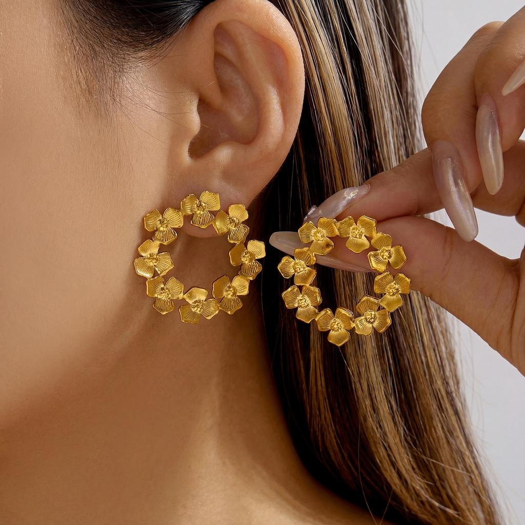 Waterproof Stainless Steel Floral Wreath Earrings for Women Gold Color Tarnish Free Hypoallergenic Flower Circle Studs Jewelry