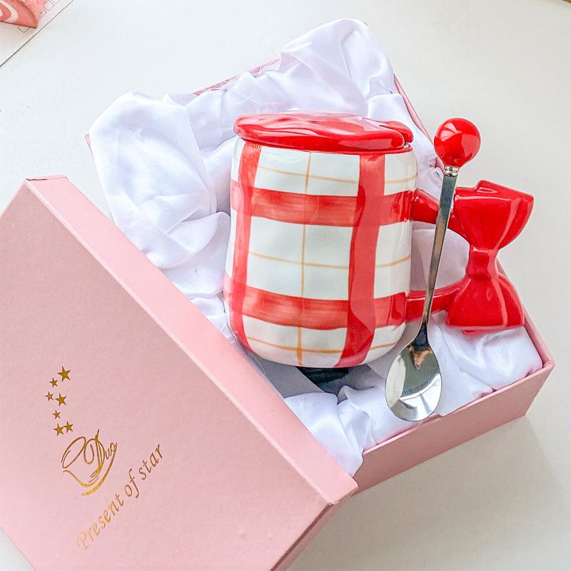 Ins hochwertiger Becher mit Deckel Löffel süßes Mädchen Paar Kaffeetasse Büro Haushalt Keramik Trinkbecher