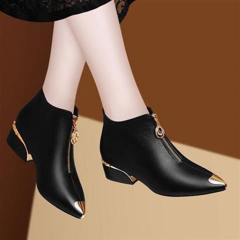 Small Leather Shoes New Single Shoe British Style Versatile Women's Pointed Thick Heel Plush Women's Shoes