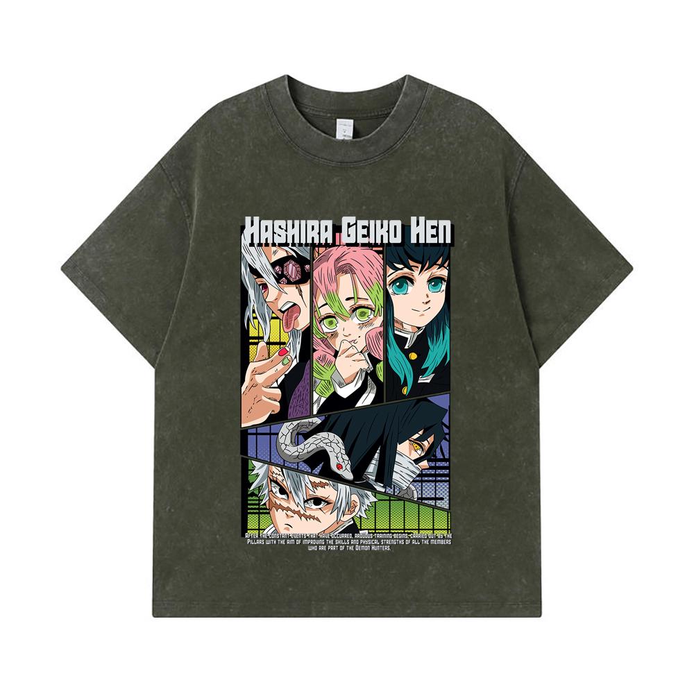 

275 GSM Washed T-shirts 100% Cotton Demon Slayer V18 Hashira Geiko Print Unisex Heavy Cotton T Shirt S армия зеленый