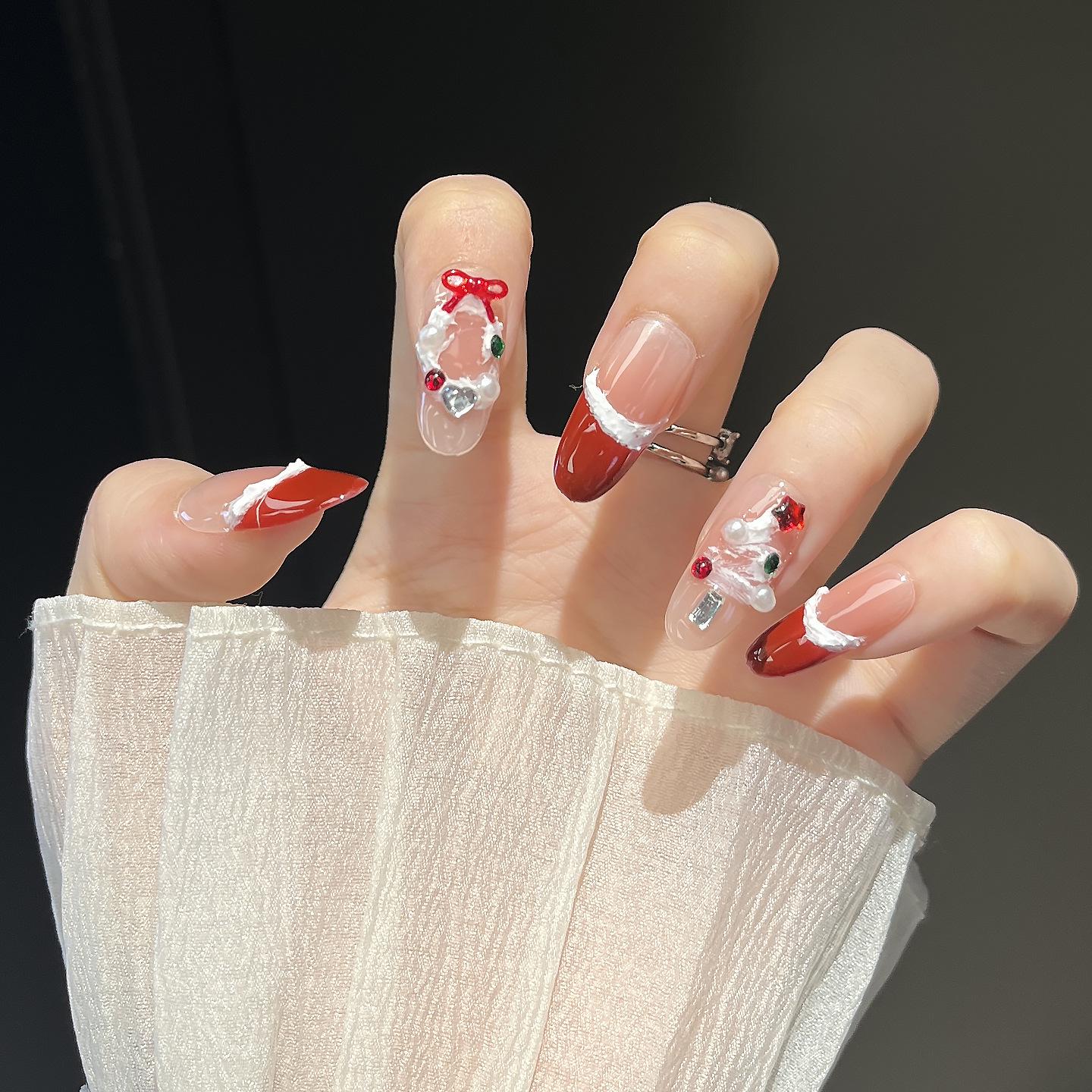 Red Wreath Cat Eye Bow French Christmas Nail Art Stickers - Handmade, Wearable, New Style Bagged XS