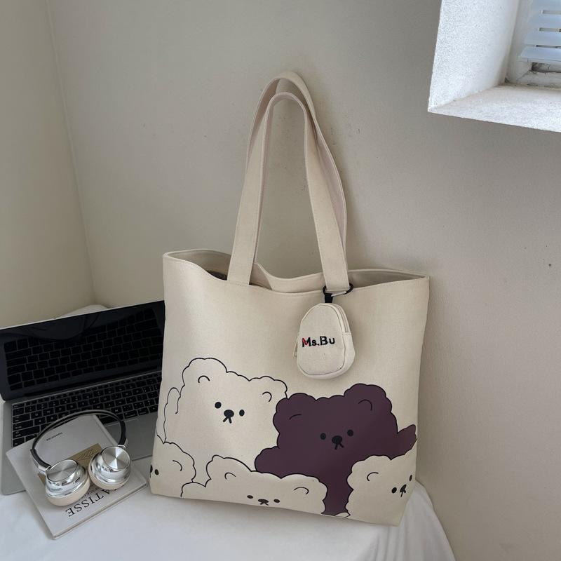 Casual large-capacity bag women's summer new cartoon bear canvas bag college students commute to class shoulder tote bag
