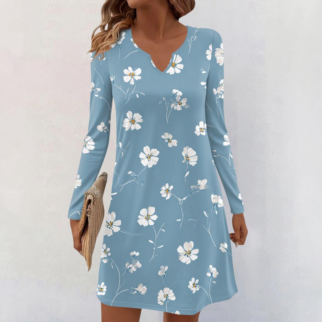 Women's Long-sleeved Casual Midi Dresses V-Neck Print  Casual Dress