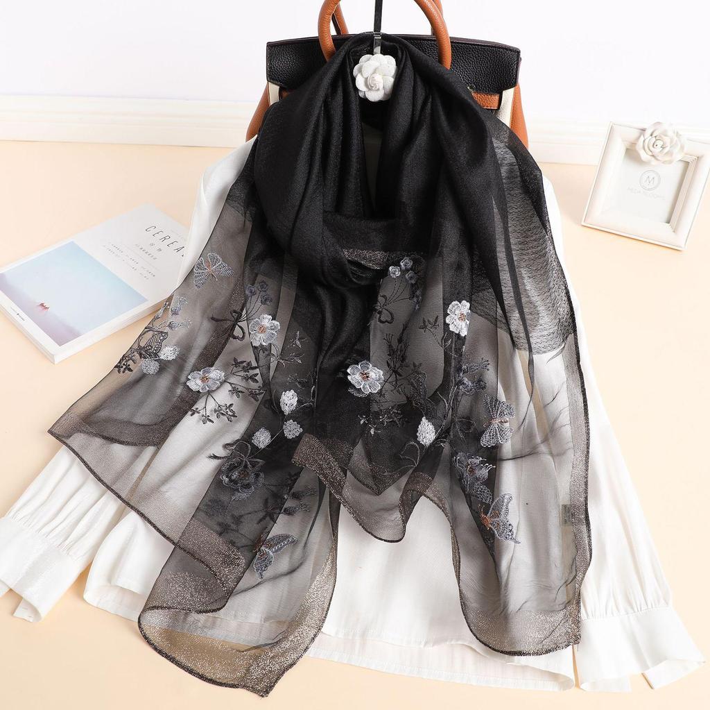 Autumn And Winter Simulated Silk Sunscreen Embroidery Long Silk Scarf Temperament Versatile Shawl Warm Embroidery Scarf Women