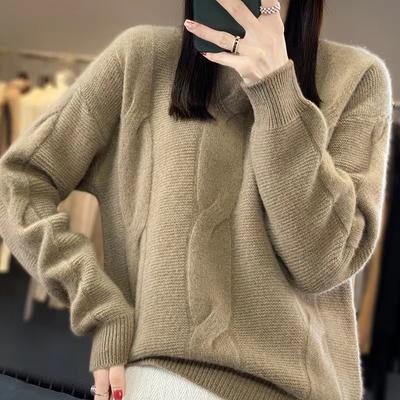 Cashmere Sweater Pullover Women Autumn and Winter O Neck Twisted Pattern Solid Sweater Pullover Casual Loose Wool Sweater Female