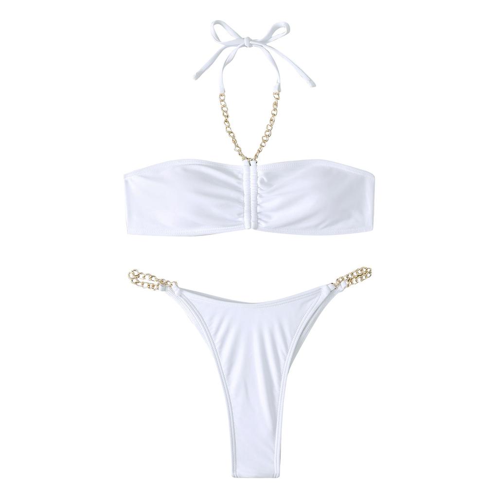 High Waist Two Piece Bikini Set Strapless Bandeau Top with Chain Straps and Ruched Front Bottoms for Women Swimwear Beachwear