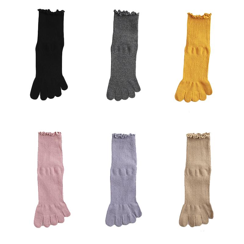 5 Pairs Women'S Five Finger Ruffle Socks Korean Fashion Solid Black Pink Crew Business Dress Toe Socks All Seasons Comfortable
