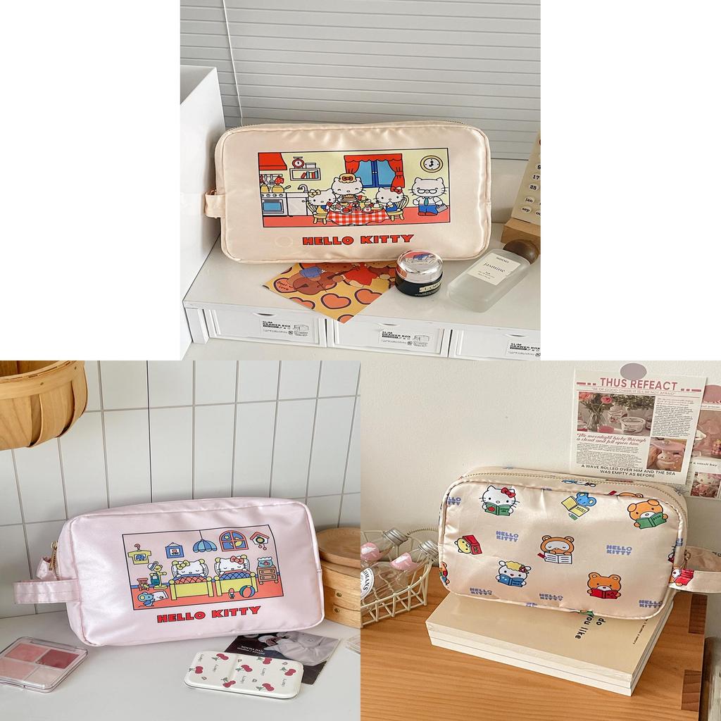 Hello Kitty Satin Makeup Bag With Cartoon Print For Travel And Daily Use