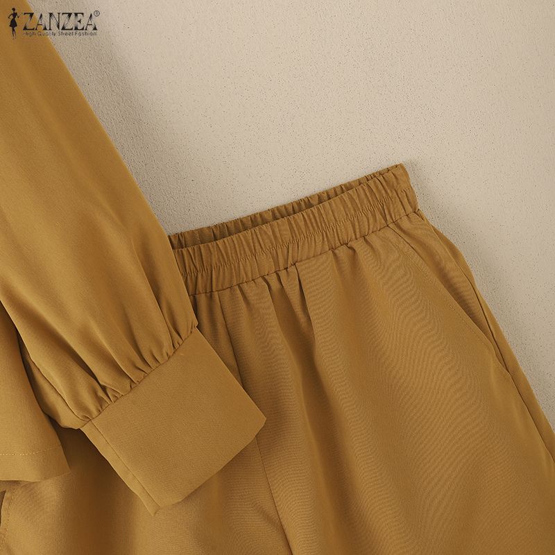 ZANZEA Women Long Sleeve Blouse and Shorts Casual Two Piece Suit Sets