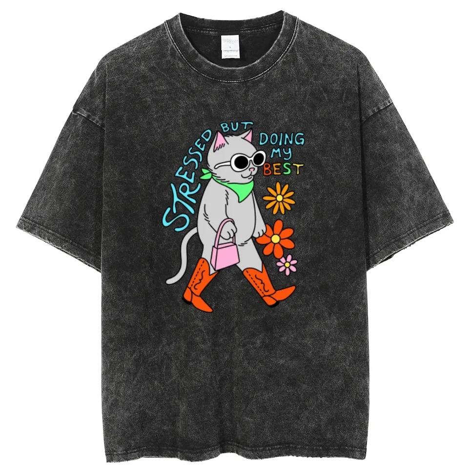 Cute Pussy Stressed But Doing My Best Washed T Shirt Men Women Graphic Y2K Cotton Tshirt Unisex Harajuku Streetwear T-shirt S разноцветный