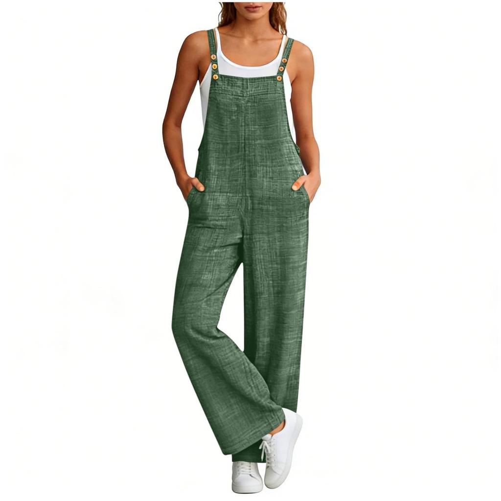 Women's Fashionable Suspender Wide Leg Loose Casual Suspender Pants With Pocket Buttons And Jumpsuit