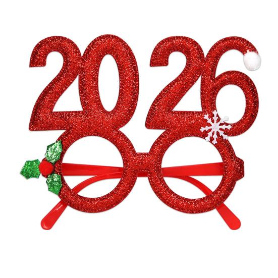 2026 Nyttårsfest Briller Lett Rød Glitter Brilleinnfatning med Snøfnugg Kristtorn Dekorasjon Festlig Paljett Hårbøyle