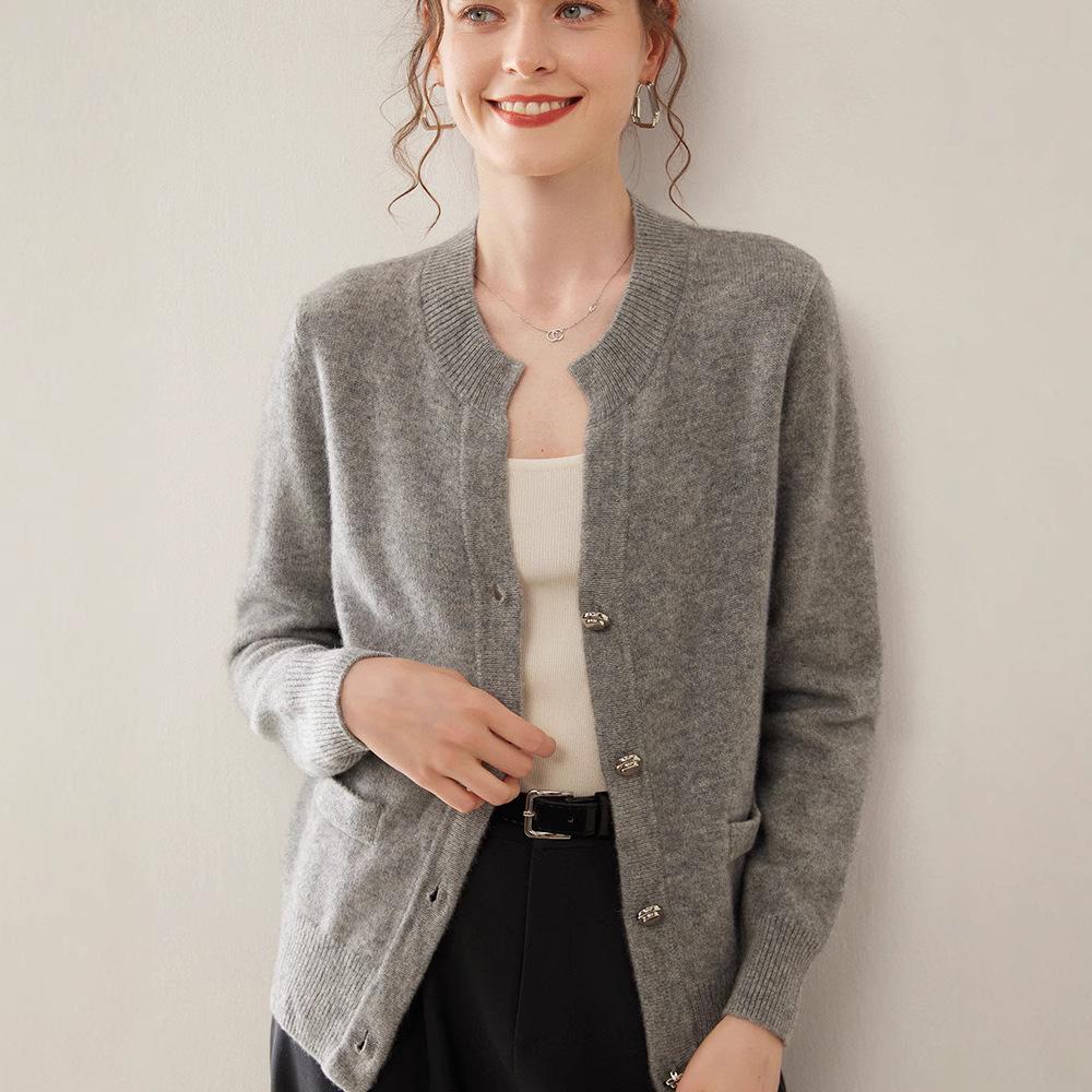 Women's Slim Fit Cashmere Cardigan - Stylish & Versatile Round Neck Knit Sweater
