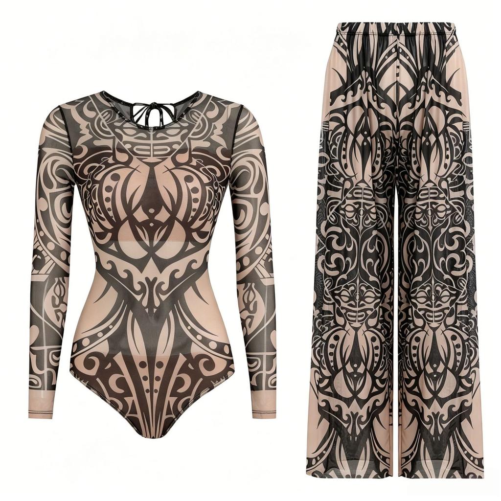 Long-sleeved Sunscreen Swimsuit Women's High Elastic Thickened Mesh Loose Trousers European and American Swimwear Fitness One-piece