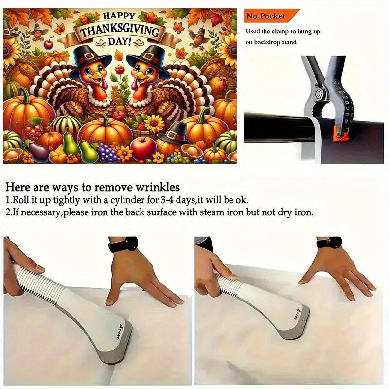 2D Background Banner 1pcs, Happy Thanksgiving, Turkey Pumpkin and Fruits Vibrant Backdrop for Home Party, Wedding