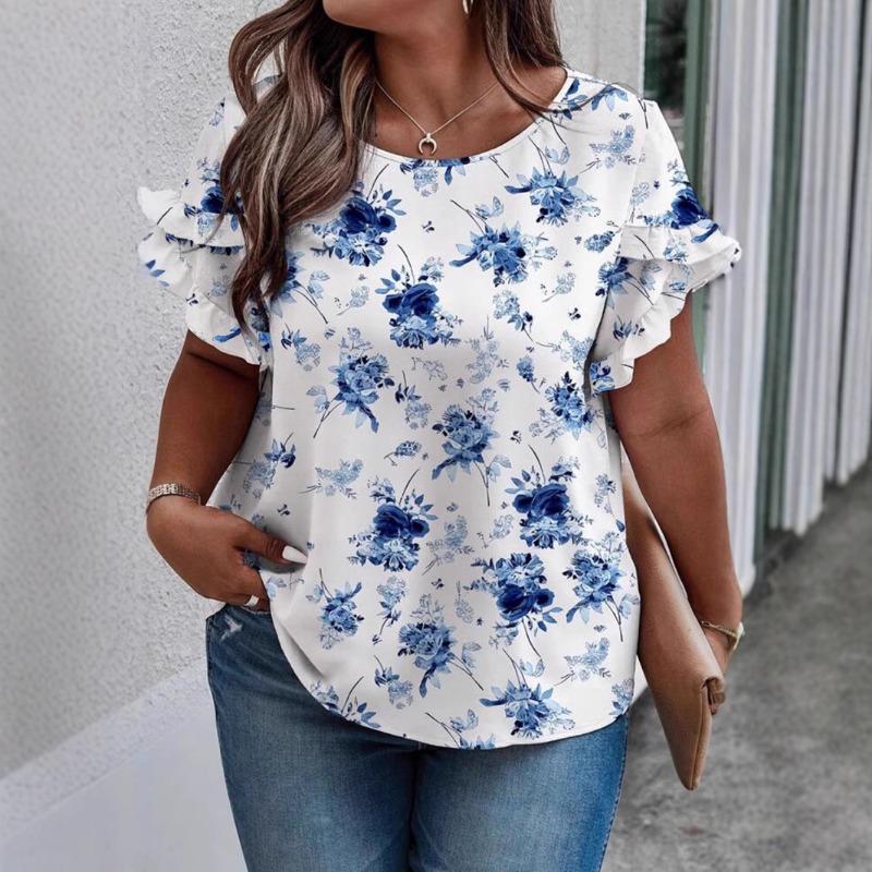Women's New Summer Round Neck Spliced Ruffle Loose Printed Short Sleeve Tops T-shirt
