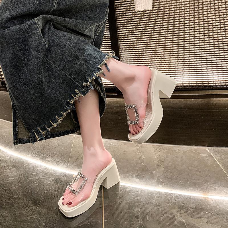 2024 High Quality Women's Shoes Summer Fashion Open Toe Solid Color Women's Slippers Transparent Rhinestone Women's High Heels