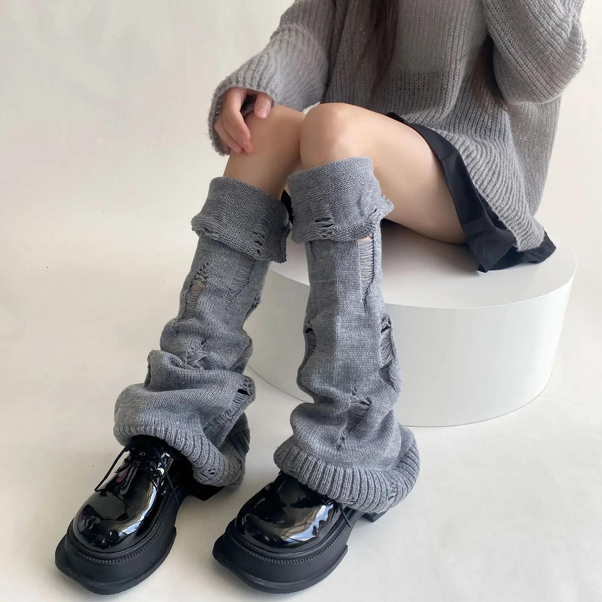 Grijze Dames Beenwarmers Y2K Gebreid Losse Lange Sokken Kousen Warme Voetbedekking Meisjes Kniekousen Beenwarmer Japanse Herfst Winter One Size