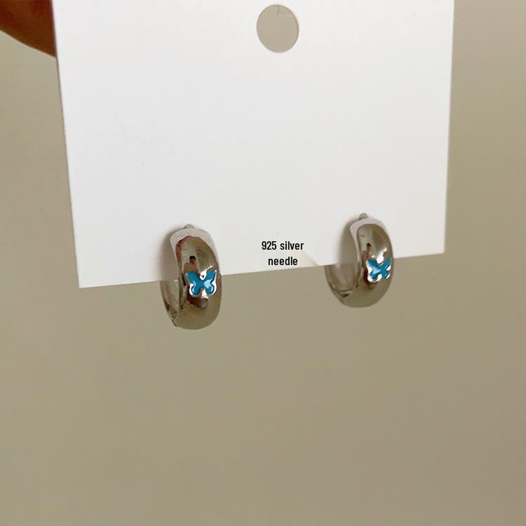 Butterfly Oil Drip Metal Hoop Earrings - Women's Retro Simple Studs with Unique Design 