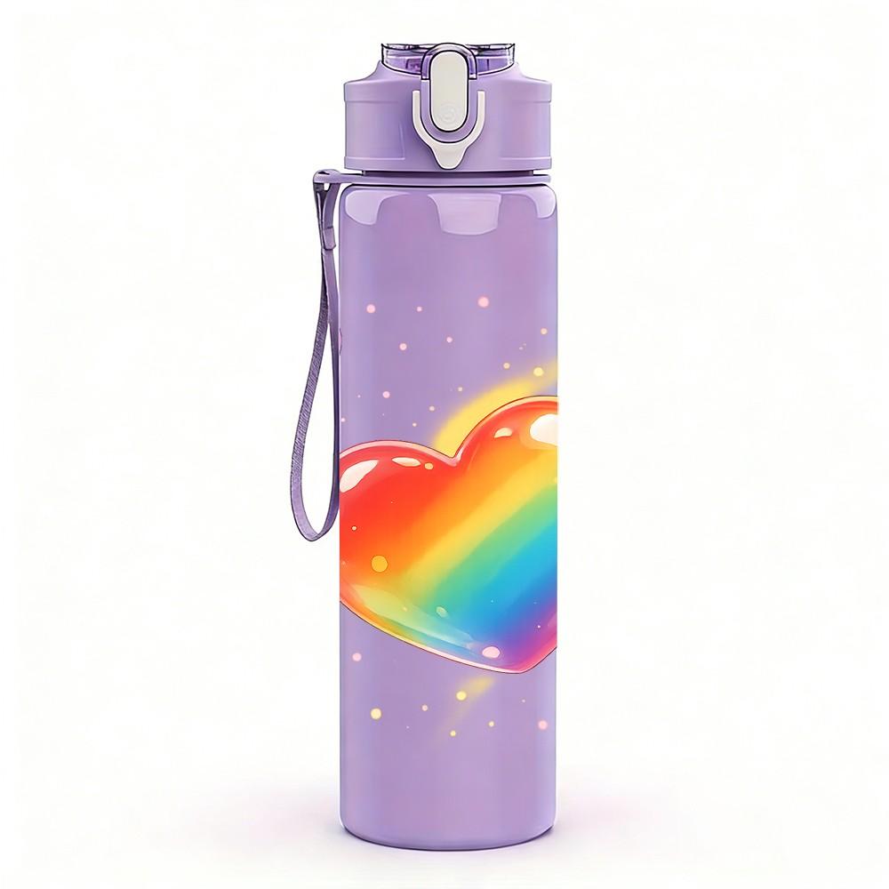 1PC Rainbow Gradient Heart Love Print 750ml Color Plastic Sports Water Bottle Leakproof Flip Straw Lid Suitable for Sports Office Home Use