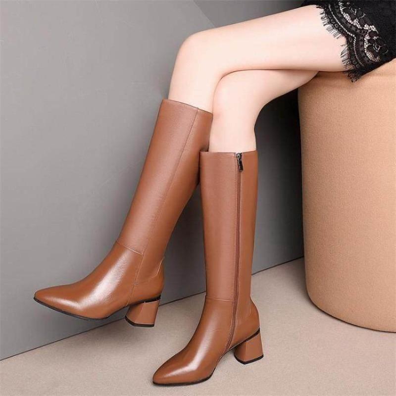 Soft Leather Shoes, High Boots, Mid-heeled, Pointed, Thick-heeled Mid-heeled Boots, Women's Shoes