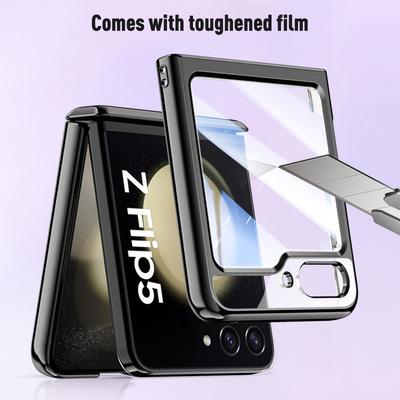 Capa protetora de vidro temperado para Samsung Z Flip 5 Chapeamento com dobradiça de mola Capa protetora para câmera com tudo incluído