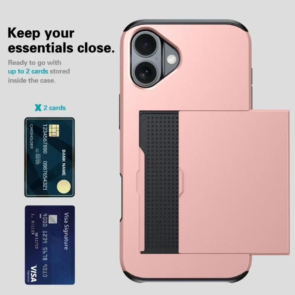 Phone Case For iPhone 16 SE 15 14 Plus 13 12 Pro Max Wallet Cover Credit Card Holder Slot Sliding Pocket Dual Layer Protective
