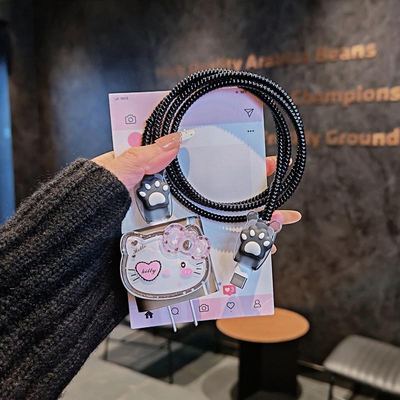 Leopard Print Hello Kitty Data Cable Protective Sleeve For Iphone 17 16 15 18/20W Charger Head Protector Cover Anti-Break Rope