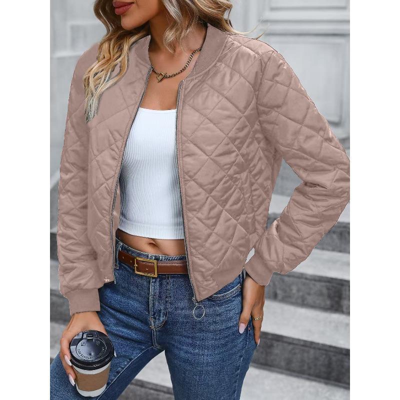 Women Quilted Bomber Jacket Zip Up Diamond Pattern Cropped Padded Coat Ribbed Trim Long Sleeve Casual Outerwear