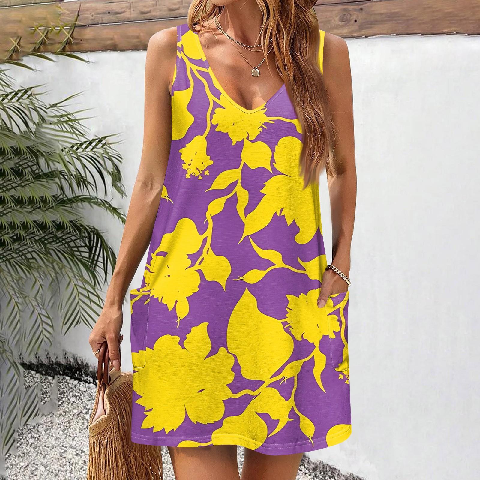 

Жіночий повсякденний сарафан з кишенями Літнє пляжне плаття в стилі бохо Блузки з квітковим принтом для жінок Сукня-футболка Сукня з V-подібним вирізом Вільні сукні-майки XL жовтий