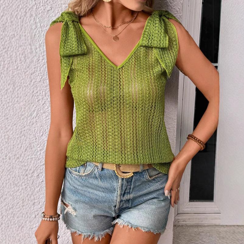 

Летний повседневный трикотажный жилет без рукавов с V-образным вырезом и ажурной вязкой, женские футболки XL