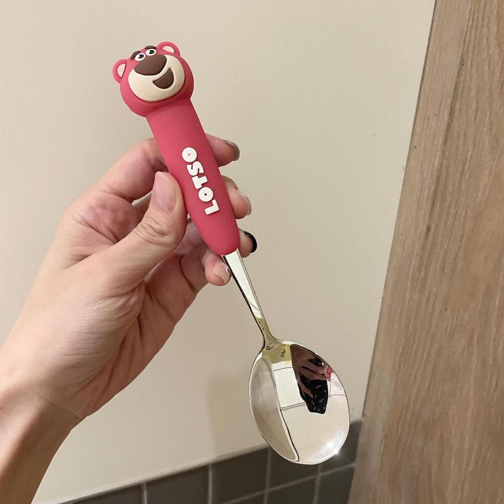 High-value spoon 304 stainless steel spoon Children's fork set Cute strawberry bear household baby eating spoon