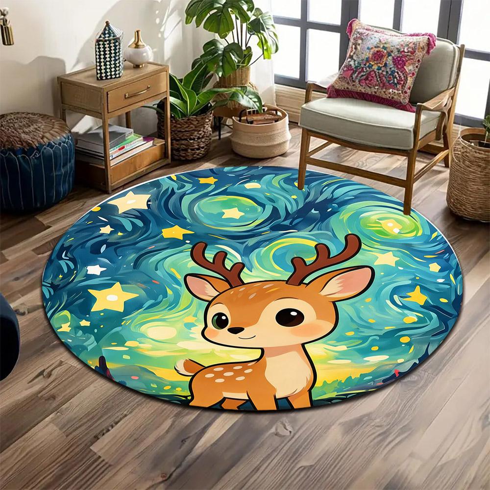 Cute Deer with Starry Night Background Print Round Rug, Living Room, Bedroom, Playroom Carpet, Non Slip Floor Mat, Gift